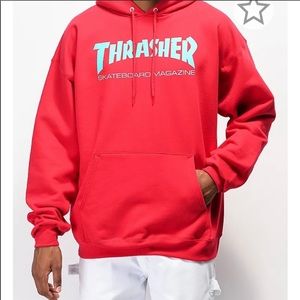 Red thrasher hoodie with blue logo